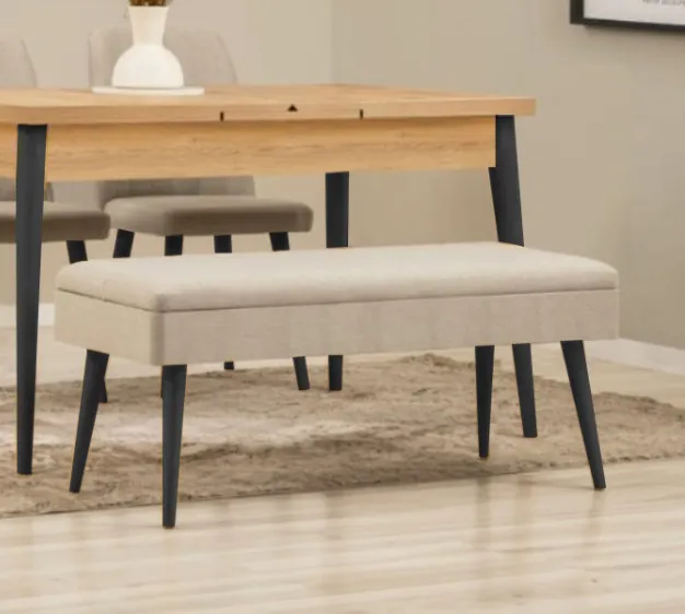 KARİNA KUMAŞLI SANDIKLI BENCH KETEN KREM SİYAH AYAK