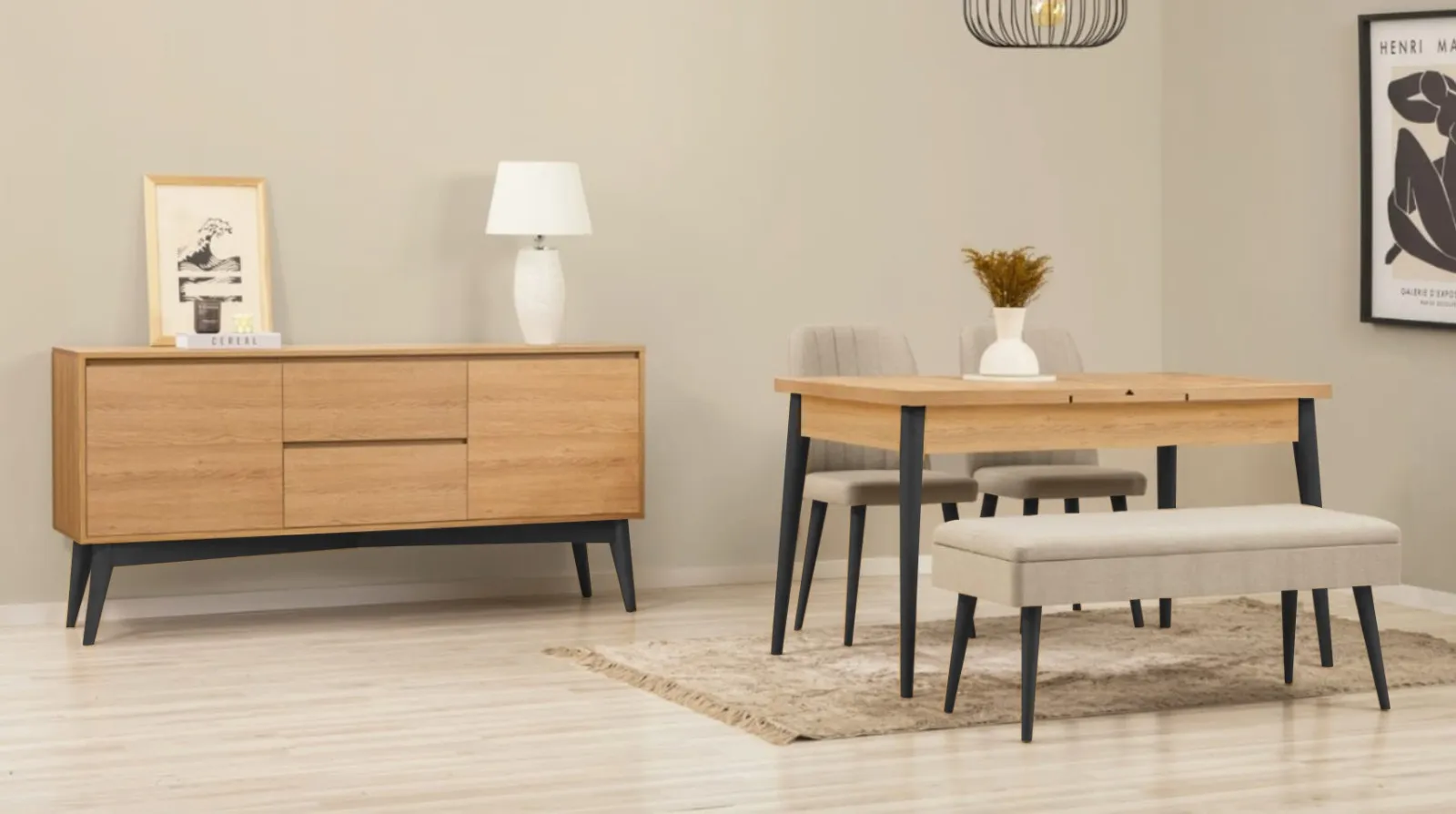 KARİNA YEMEK ODASI TAKIMI KREM SİYAH (1 MASA+2 SANDALYE+1 BENCH+1 KONSOL)