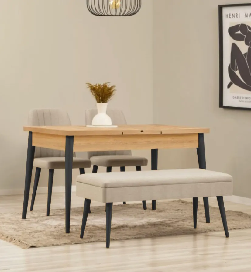 KARİNA YEMEK ODASI TAKIMI KREM SİYAH (1 MASA+2 SANDALYE+1 BENCH)