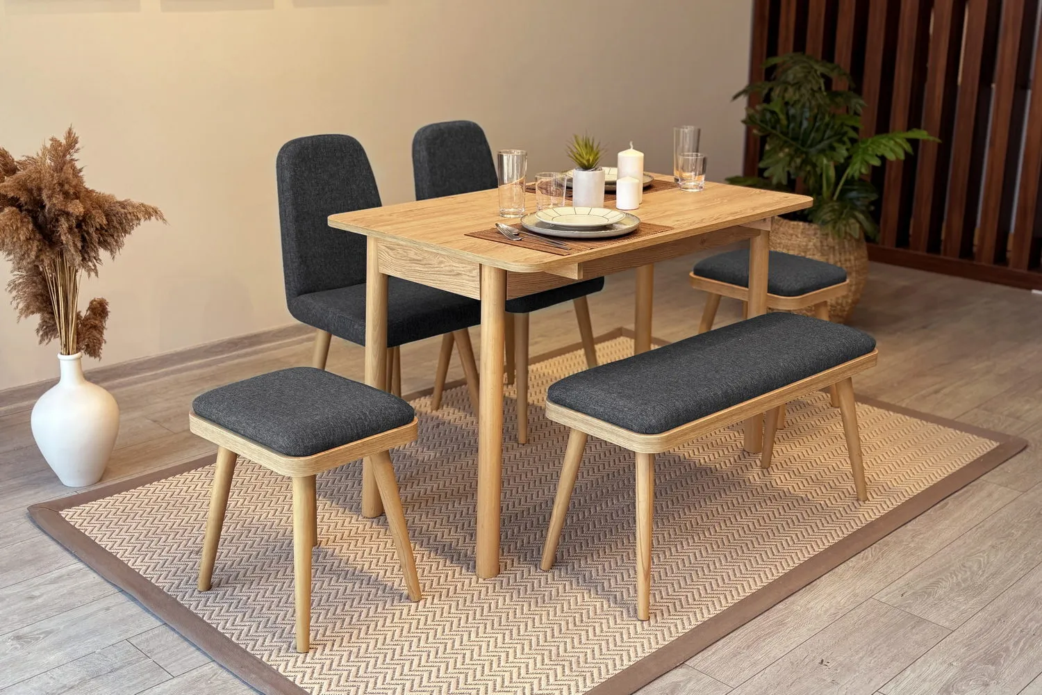 MİORA MİNİ AÇILIR MUTFAK MASA TAKIMI, KARİNA MEŞE ANTRASİT ( 1 Masa + 4 Sandalye )