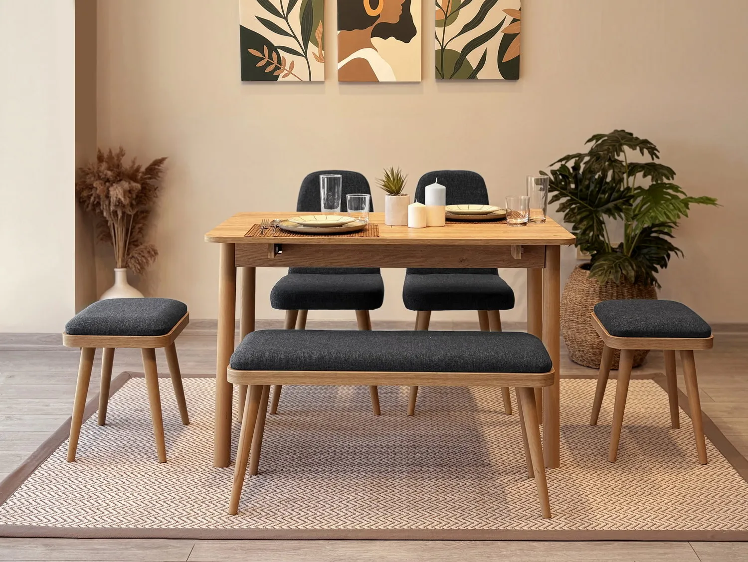 MİORA MİNİ AÇILIR MUTFAK MASA TAKIMI, KARİNA MEŞE ANTRASİT(1 Masa+2 Sandalye+2 Tabure+1 Bench)