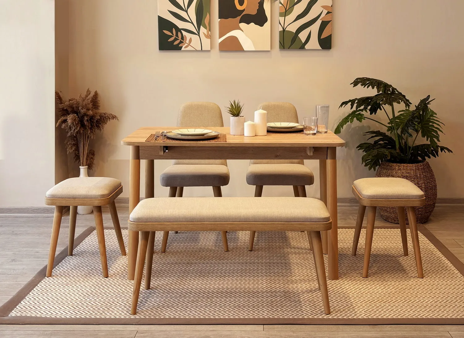 MİORA MİNİ AÇILIR MUTFAK MASA TAKIMI, KARİNA MEŞE KREM(1 Masa+2 Sandalye+2 Tabure+1 Bench)