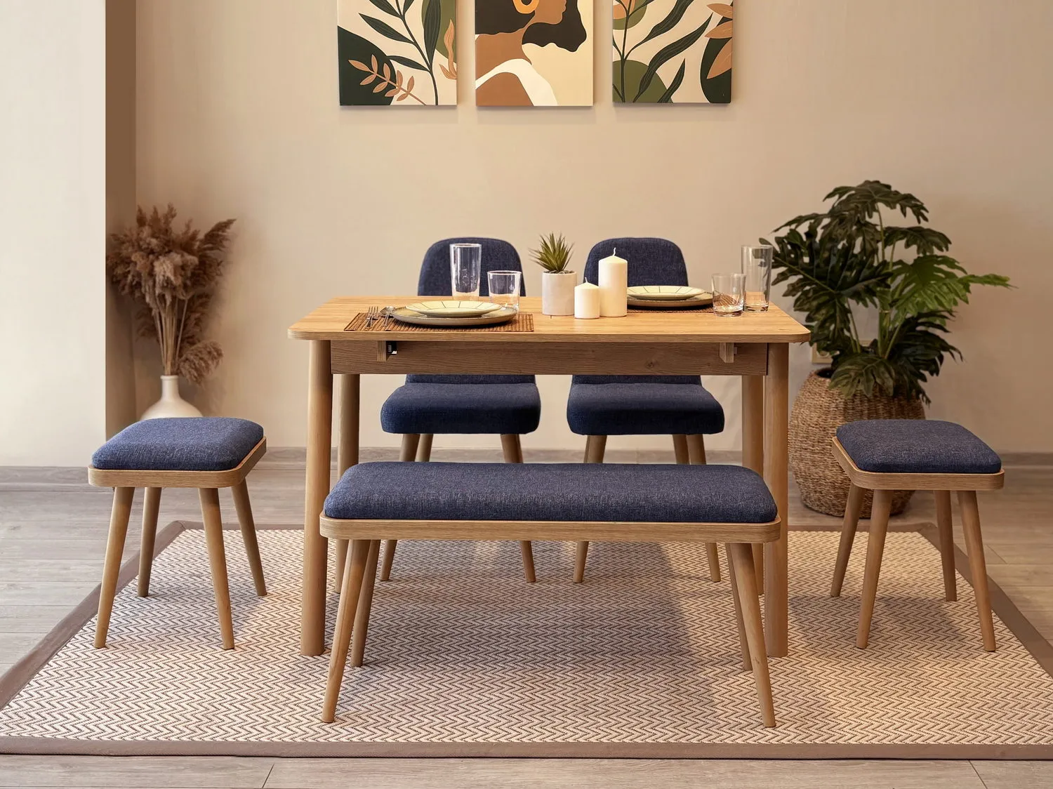 MİORA MİNİ AÇILIR MUTFAK MASA TAKIMI, KARİNA MEŞE LACİVERT(1 Masa+2 Sandalye+2 Tabure+1 Bench)