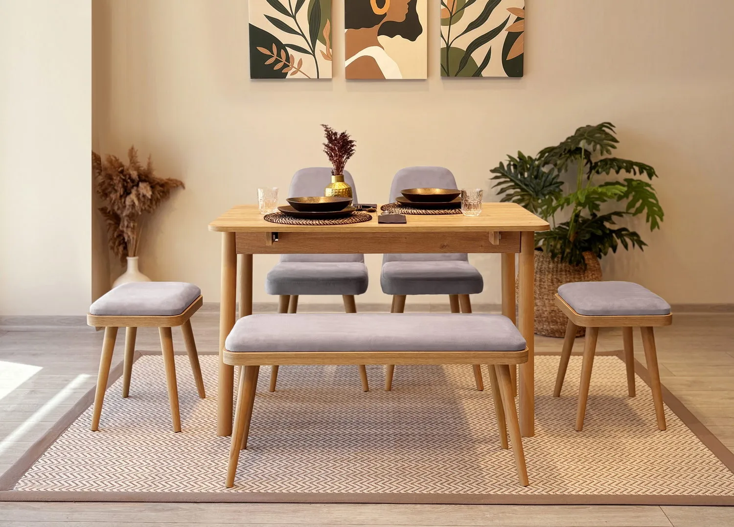 MİORA MİNİ AÇILIR MUTFAK MASA TAKIMI, KARİNA MEŞE SOHO GRİ(1 Masa+2 Sandalye+2 Tabure+1 Bench)