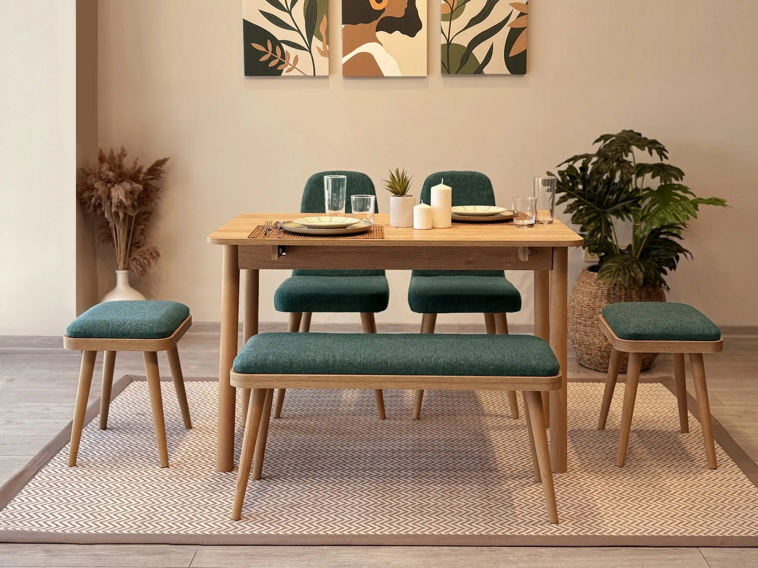 MİORA MİNİ AÇILIR MUTFAK MASA TAKIMI, KARİNA MEŞE YEŞİL(1 Masa+2 Sandalye+2 Tabure+1 Bench)