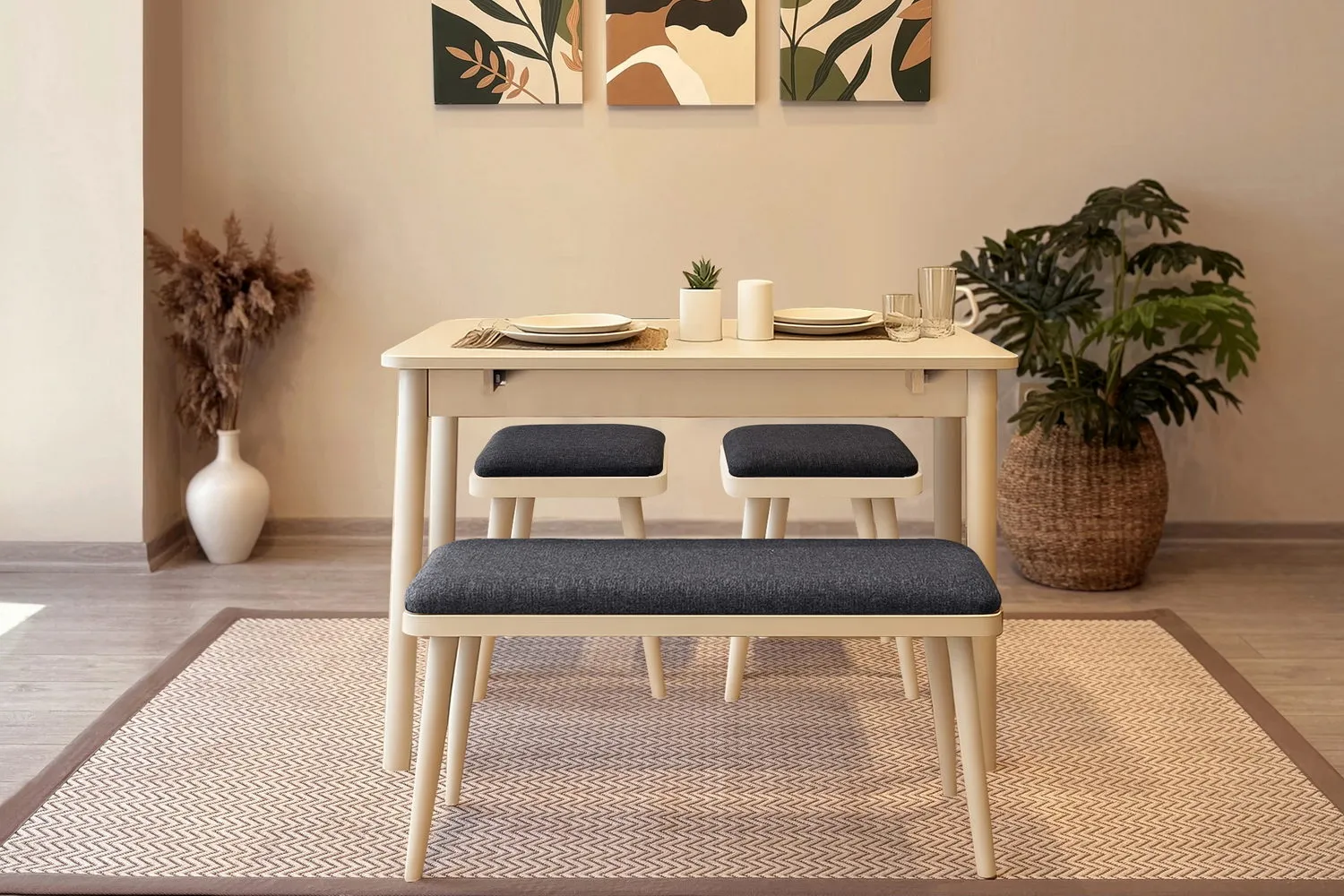 MİORA MİNİ AÇILIR MUTFAK MASA TAKIMI, KREM ANTRASİT ( 1 Masa + 2 Bench + 2 Tabure )