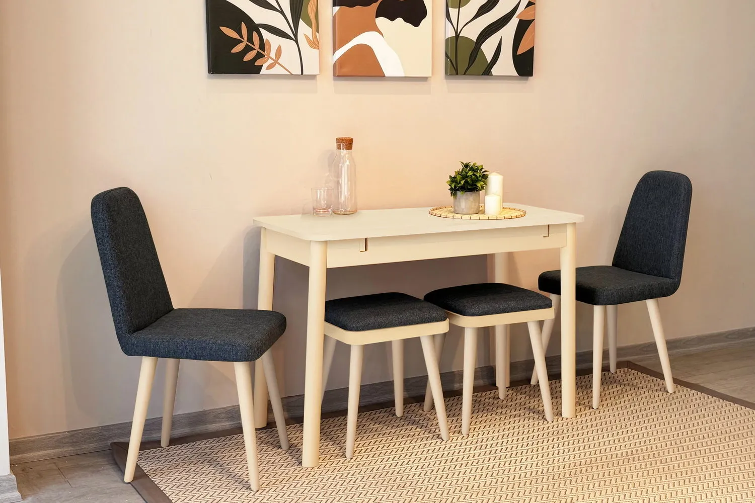 MİORA MİNİ AÇILIR MUTFAK MASA TAKIMI, KREM ANTRASİT ( 1 Masa + 4 Sandalye )