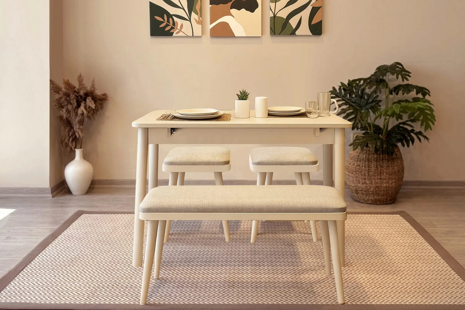 MİORA MİNİ AÇILIR MUTFAK MASA TAKIMI, KREM KREM ( 1 Masa + 2 Bench + 2 Tabure )