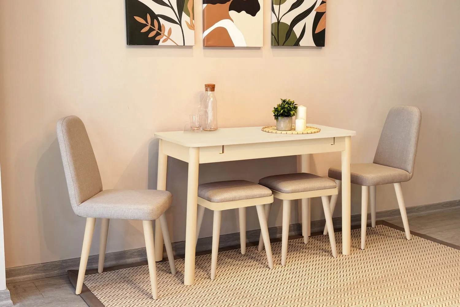 MİORA MİNİ AÇILIR MUTFAK MASA TAKIMI, KREM KREM ( 1 Masa + 4 Sandalye )