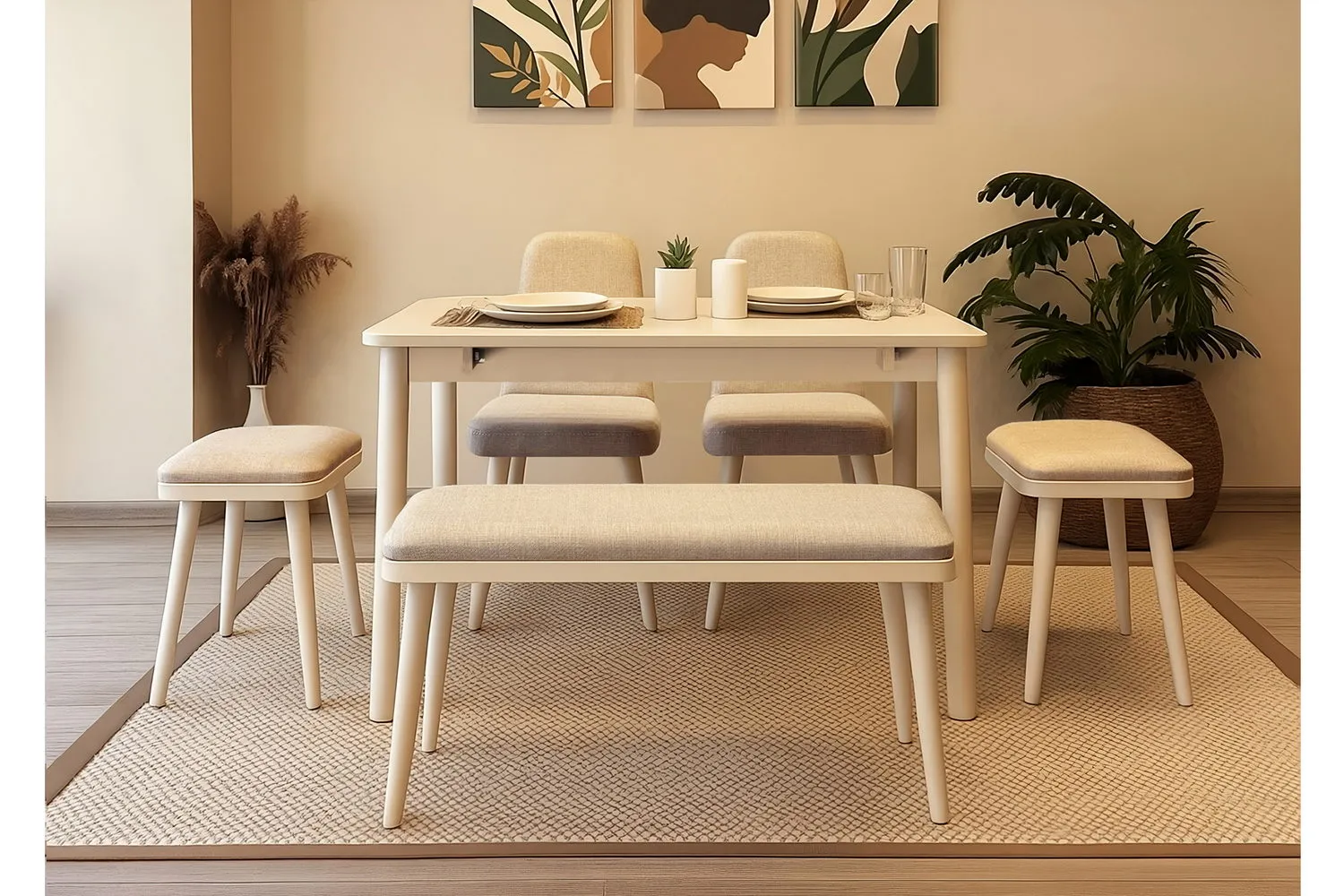 MİORA MİNİ AÇILIR MUTFAK MASA TAKIMI, KREM KREM(1 Masa+2 Sandalye+2 Tabure+1 Bench)