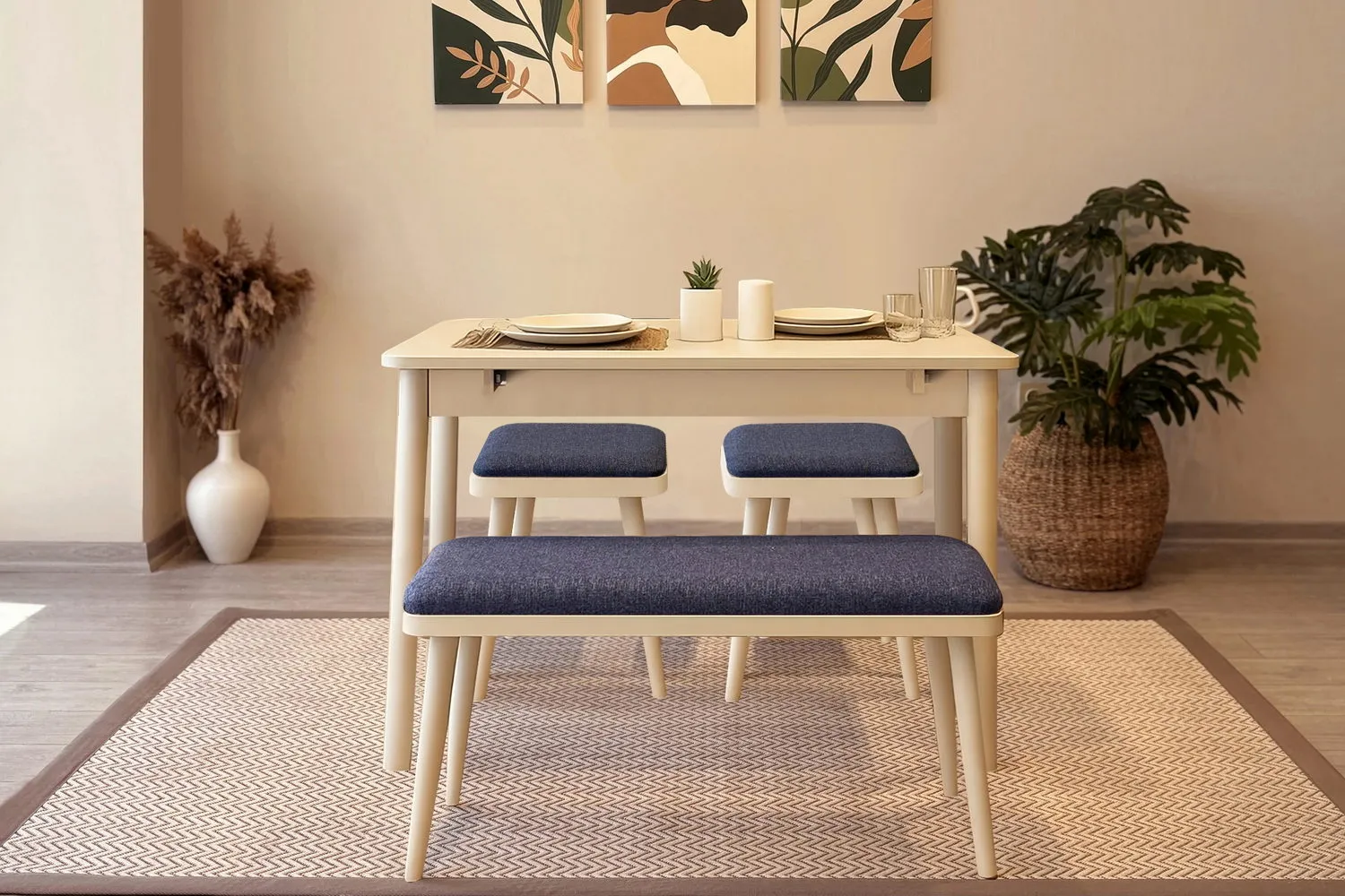 MİORA MİNİ AÇILIR MUTFAK MASA TAKIMI, KREM LACİVERT ( 1 Masa + 2 Bench + 2 Tabure )