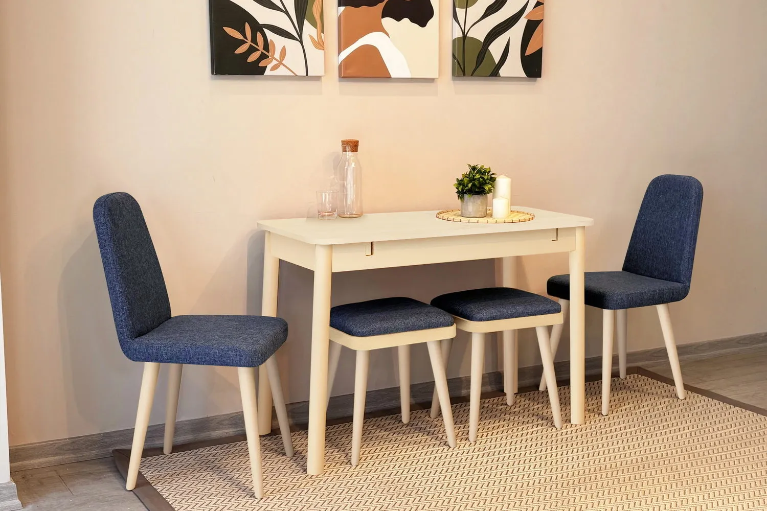 MİORA MİNİ AÇILIR MUTFAK MASA TAKIMI, KREM LACİVERT ( 1 Masa + 4 Sandalye )