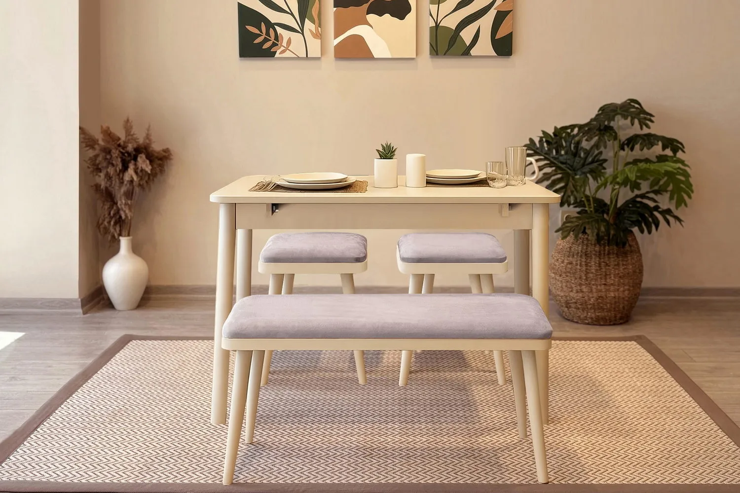 MİORA MİNİ AÇILIR MUTFAK MASA TAKIMI, KREM SOHO GRİ ( 1 Masa + 2 Bench + 2 Tabure )