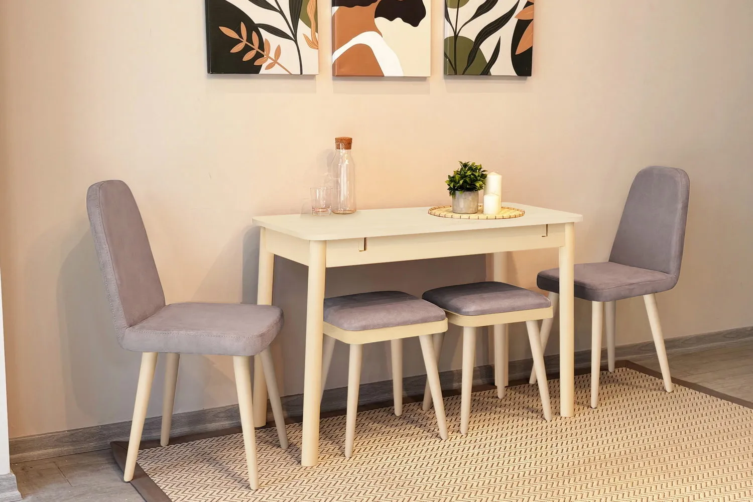 MİORA MİNİ AÇILIR MUTFAK MASA TAKIMI, KREM SOHO GRİ ( 1 Masa + 4 Sandalye )