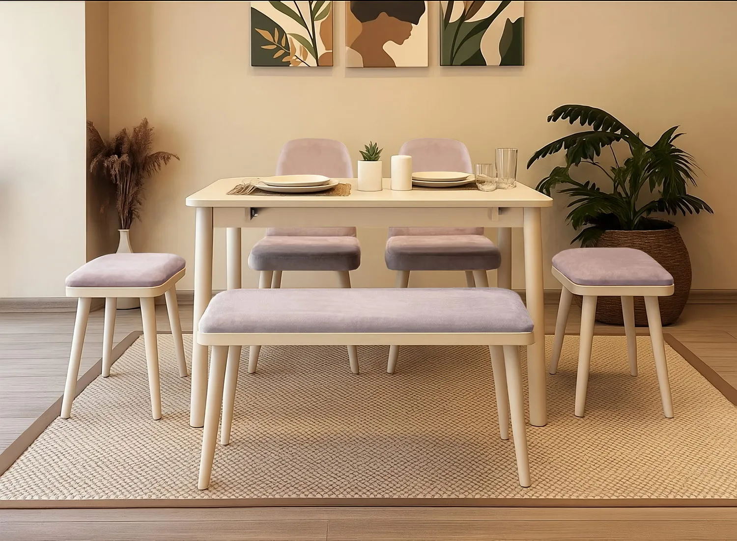 MİORA MİNİ AÇILIR MUTFAK MASA TAKIMI, KREM SOHO GRİ(1 Masa+2 Sandalye+2 Tabure+1 Bench)