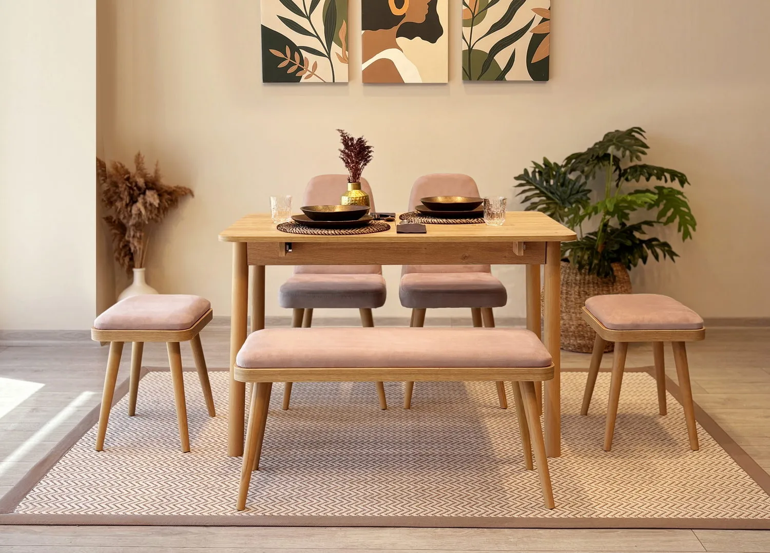 MİORA MİNİ AÇILIR MUTFAK MASA TAKIMI,KARİNA MEŞE TAŞ RENGİ(1 Masa+2 Sandalye+2 Tabure+1 Bench)